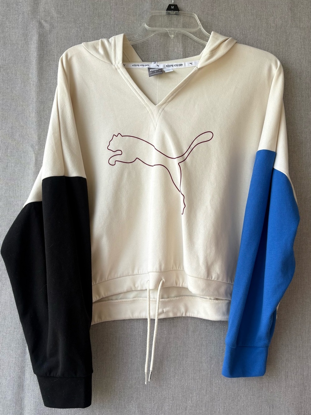 Puma Cream Colorblock V-Neck Hoodie with Blue & Black Sleeves